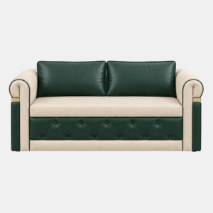 Baxter sofa cum bed in forest green and cream upholstery with rolled armrests and button-tufted detailing.